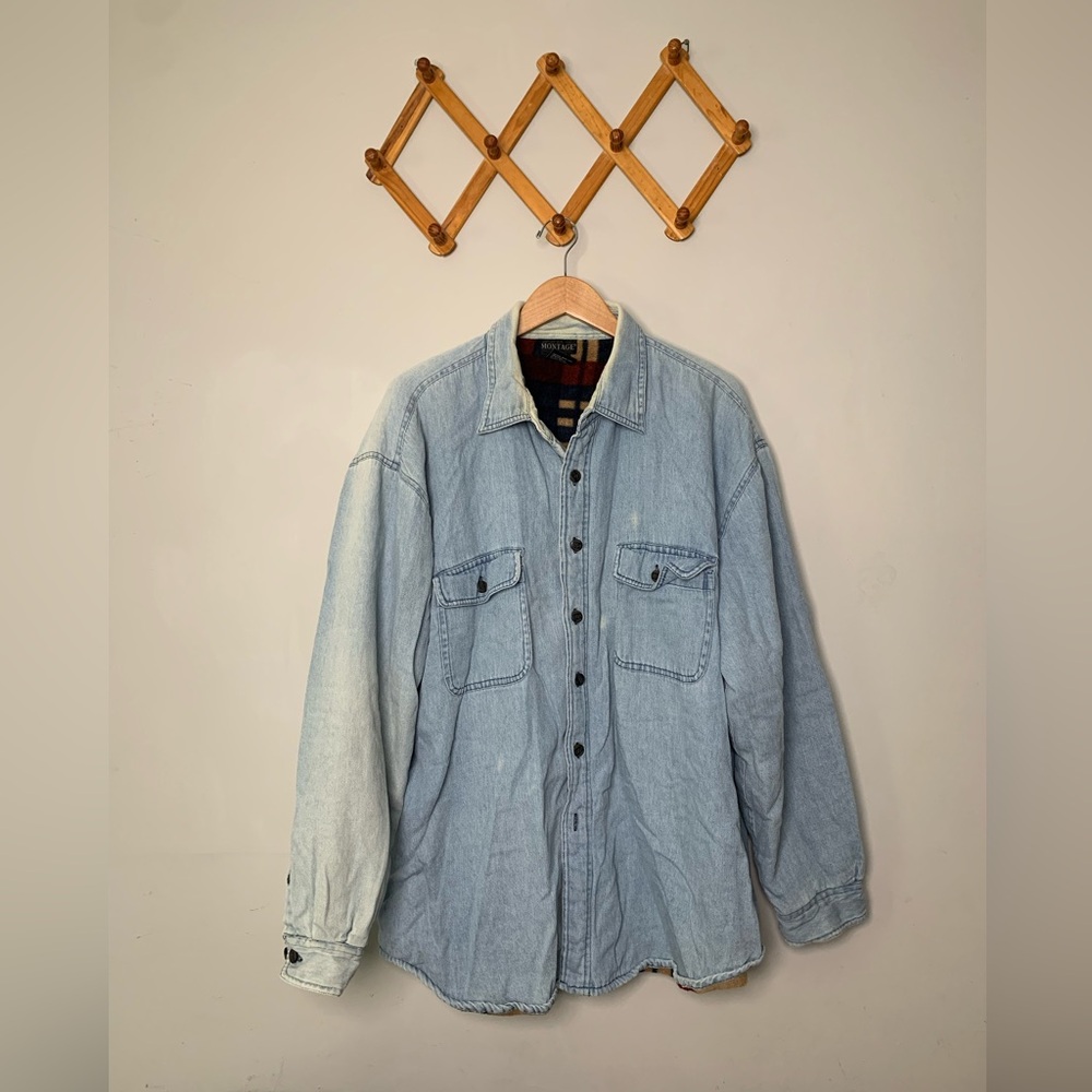 Women’s Vintage Montage Fleece Lined Blue Jean Denim Shacket SZ XL